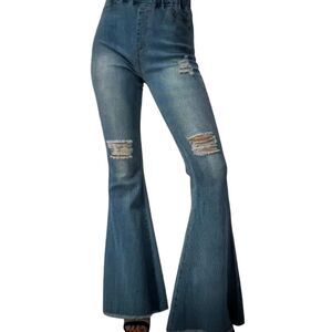 Aaron & Amber Distressed Bell‎ Bottom Flare Jeans High Waist Retro Boho Denim S